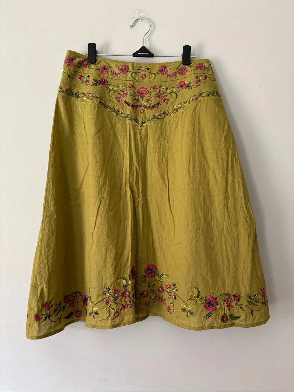 Y2K Fairycore Green Floral Pink Embroidered Cottagecore Midi Boho Skirt - Medium